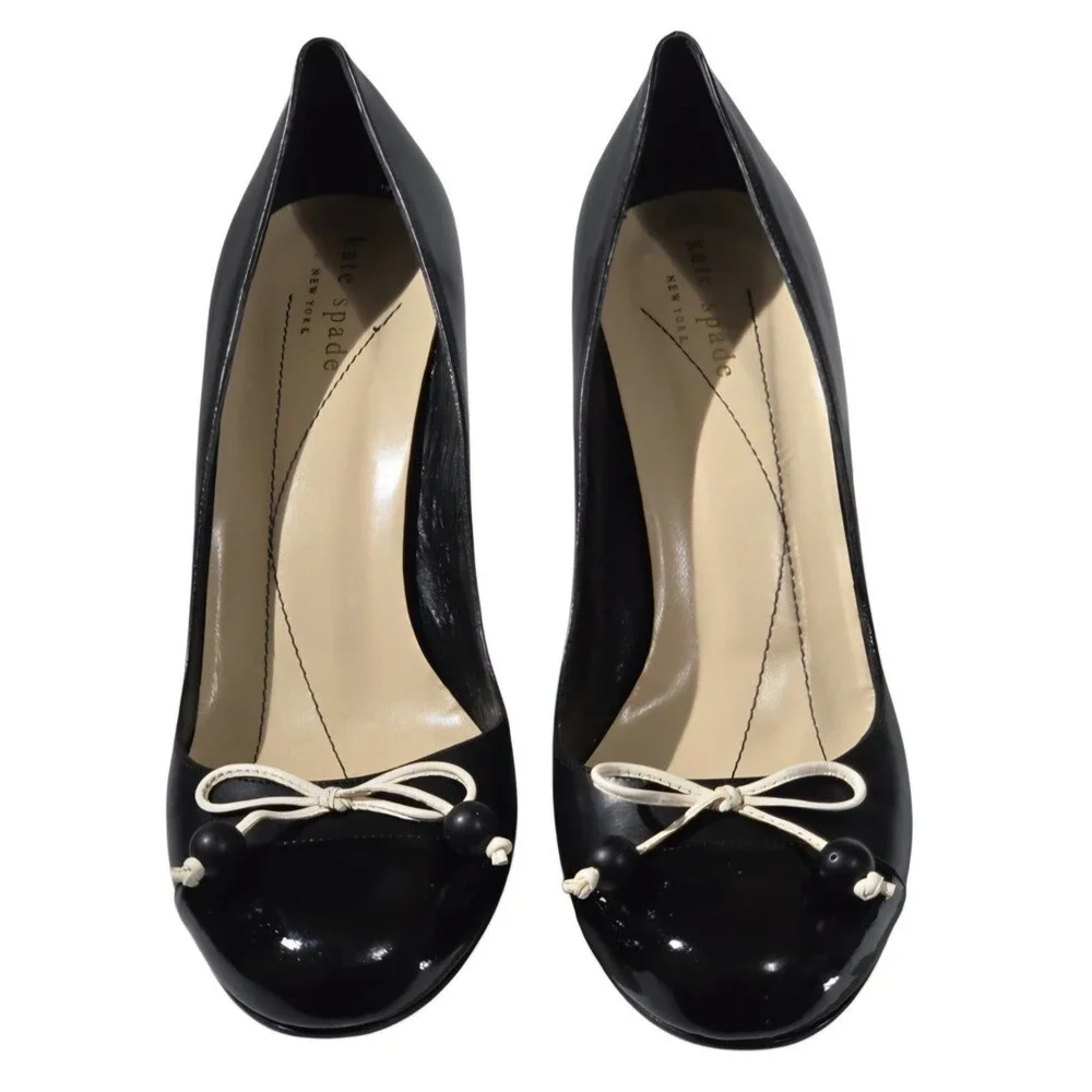 Kate Spade New York Leather Cap-Toe Striped Heel Pumps Black Cream Bow Size 7B